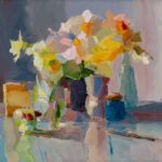 Christine Lafuente, Daffodils, Blue Bottles, and Knife, 2021, Oil on linen, 16 x 20 inches
