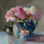 Christine Lafuente, Peonies with Pitchers and Stacked Teacups, 2021, Oil on linen, 14 x 18 inches