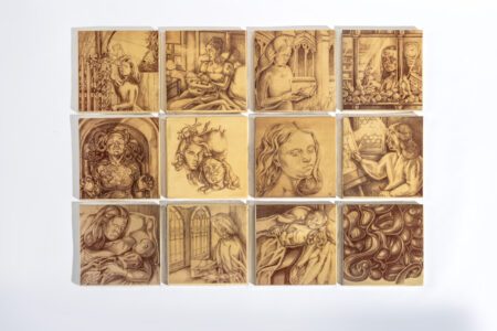 Holly Trostle Brigham, Set of twelve Elizabeth Siddal Tiles, 2020, red clay with yellow slip, 8 x 8 inches each
