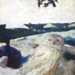 Jamie Wyeth, Snow Owl - Fourteenth in a Suite of Untoward Occurrences on Monhegan Island, 2020, Acrylic, oil, and watercolor on canvas, 46 x 36 inches