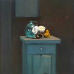Giovanni Casadei, Still Life on a Green Cabinet, 2022, Oil on panel, 12 x 12 inches