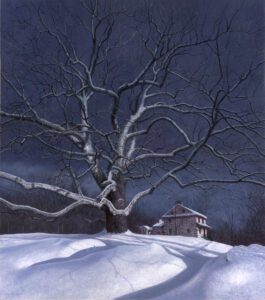 Timothy Barr, Moonlit Lafayette Sycamore, 2022, Oil on panel, 34 x 30 inches