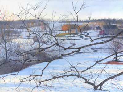 Timothy Barr, Stroud, Snowy Morning, 2022, Oil on panel, 12 x 16 inches