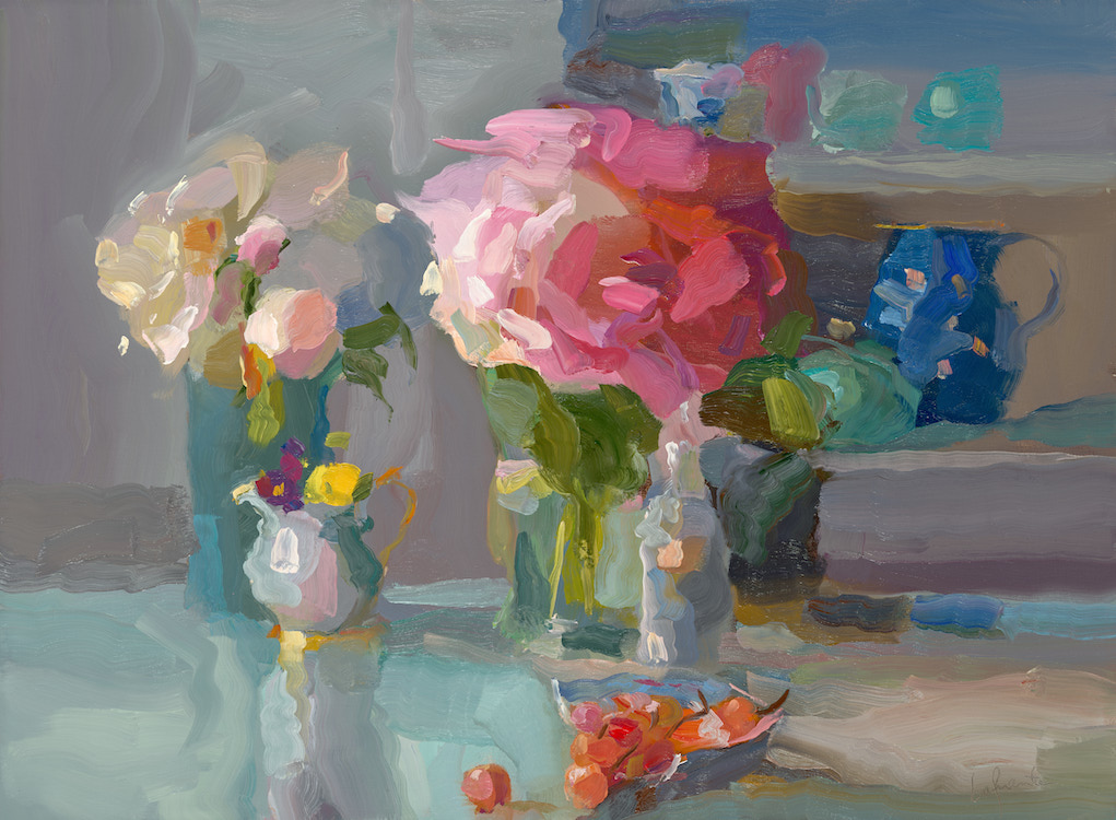 Christine Lafuente, Pink Peony with Grapes in a Broken Teacup, 2022, Oil on linen, 22 x 30 inches