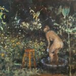 Michael Doyle, Garden Bathing, 2023, Oil on panel, 10 ¾ x 19 ¾ inches