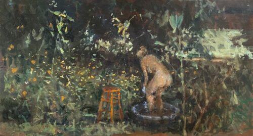 Michael Doyle, Garden Bathing, 2023, Oil on panel, 10 ¾ x 19 ¾ inches