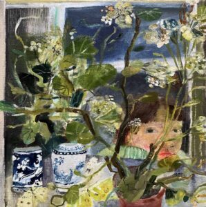 Elizabeth Endres, Night, Pelargonium (SOLD), 2023, Oil on canvas, 16 x 16 inches