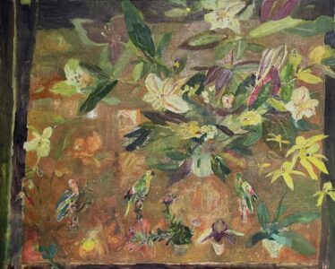 Elizabeth Endres, Parrots and Plants, 2023, Oil on canvas, 32 x 40 inches