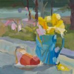 Christine Lafuente, Day Lilies, Hostas, and Peaches, 2022, Oil on linen, 14 x 14 inches