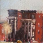 Stuart Shils, Apartment Houses on 33rd Street, Strawberry Mansion, 1998, Oil on paper mounted on museum board, 12 x 9 ¼ inches