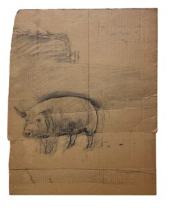 Jamie Wyeth, Pig and the Train Study, 1977, charcoal on cardboard, 28 x 23 inches