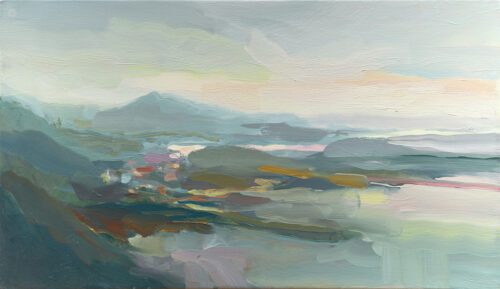Christine Lafuente, Island at Dawn, USVI, 2023, Oil on linen, 14 x 24 inches