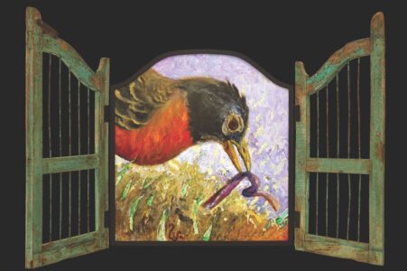 Jamie Wyeth, Gate to Spring, 2023, Acrylic and oil on canvas on honeycomb aluminum support and construction of wood, metal, and hardware, 41 ½ x 34 ½ inches (closed) / 41 ½ x 70 inches (open)
