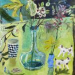SOLD - Elizabeth Endres, Two Dogs and Citron Table, 2025, Oil on canvas mounted on board, 18 x 18 inches