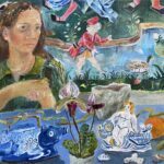 SOLD - Elizabeth Endres, Blue Fish and Fishing, Feet and Shells, 2025, Oil on canvas, 18 x 20 inches