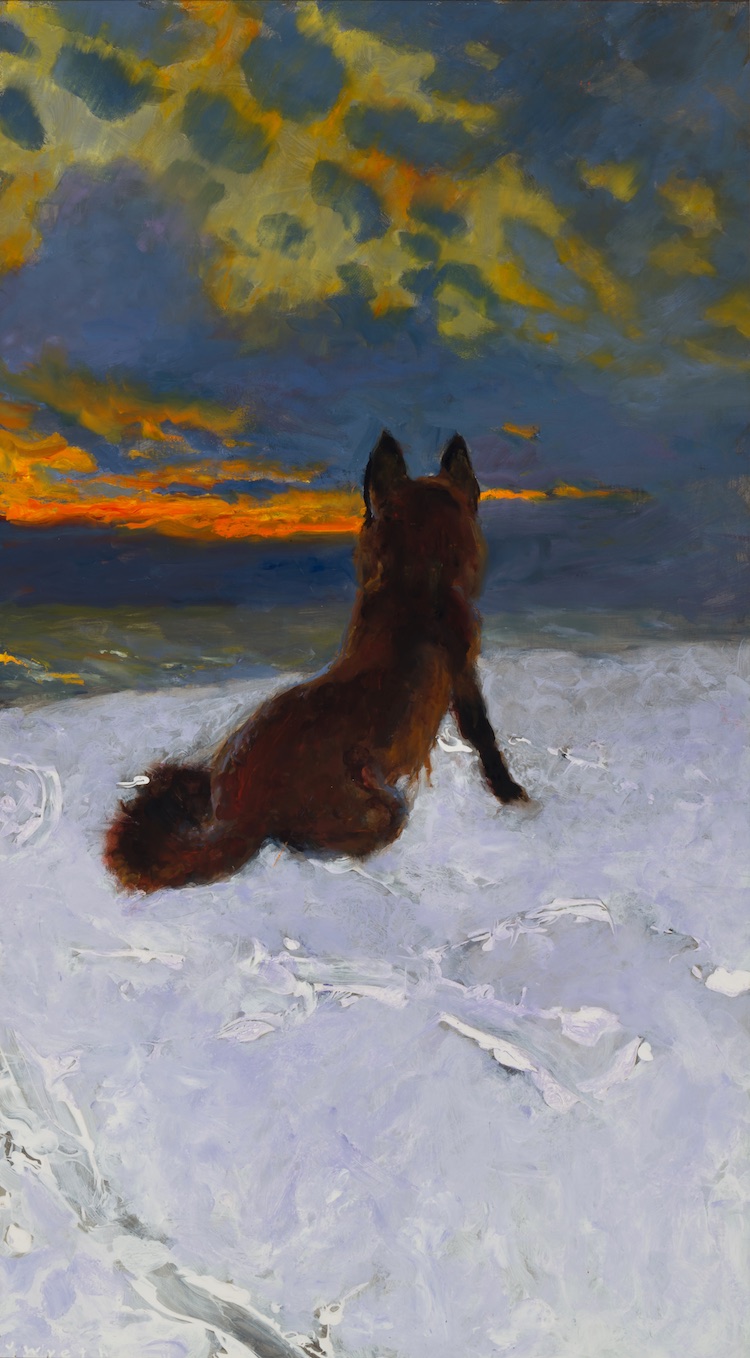 Jamie Wyeth, Snow Fox, 2013, Oil and gesso on composite board, 34 ¼ x 19 ⅞ inches