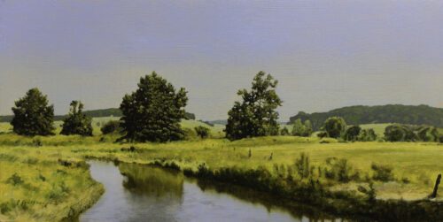 Peter Sculthorpe, Meadows of the Buck Run, 2025, Oil on panel, 8 x 16 inches