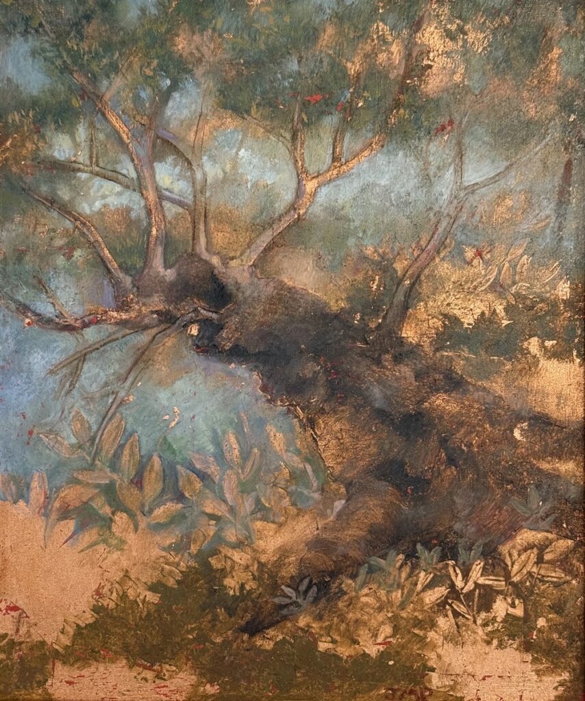 Jane Morris Pack, Copper Tree, 2025, Gold leaf, oil, and shellac on masonite panel, 9 ⅞ x 11 ⅞ inches