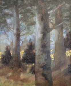 Jane Morris Pack, Forest Firs, 2025, Gold leaf, oil, and shellac on masonite panel, 11 ⅞ x 9 ⅞ inches