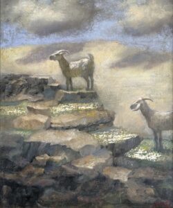 Jane Morris Pack, Goats on a Bluff, 2025, Gold leaf, oil, and shellac on masonite panel, 11 ⅞ x 9 ⅞ inches