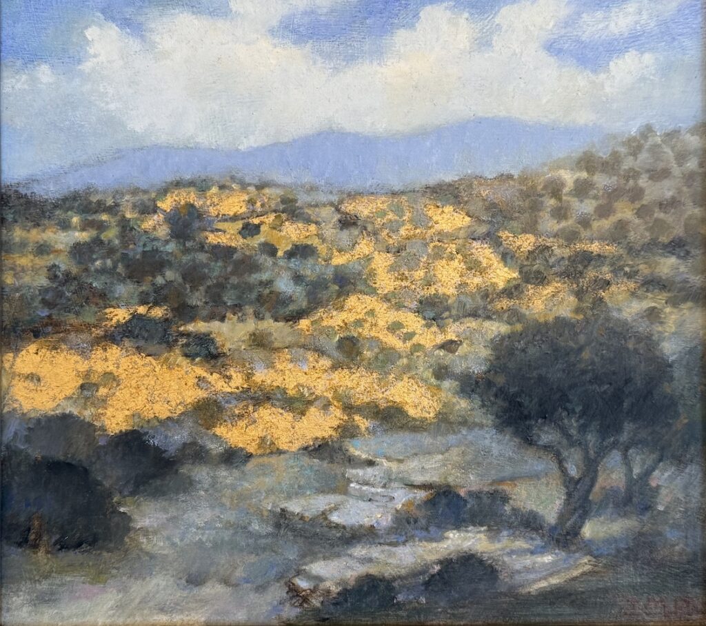 Jane Morris Pack, Golden Hills, 2025, Gold leaf, oil, and shellac on masonite panel, 9 ⅝ x 10 ¾ inches