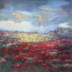Jane Morris Pack, Poppies, 2025, Gold leaf, oil, and shellac on masonite panel, 9 ⅞ x 11 ⅞ inches