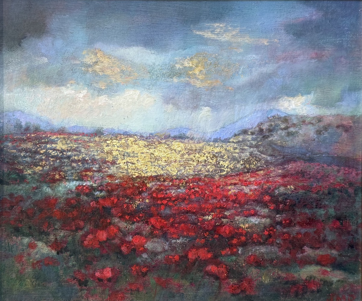 Jane Morris Pack, Poppies, 2025, Gold leaf, oil, and shellac on masonite panel, 9 ⅞ x 11 ⅞ inches