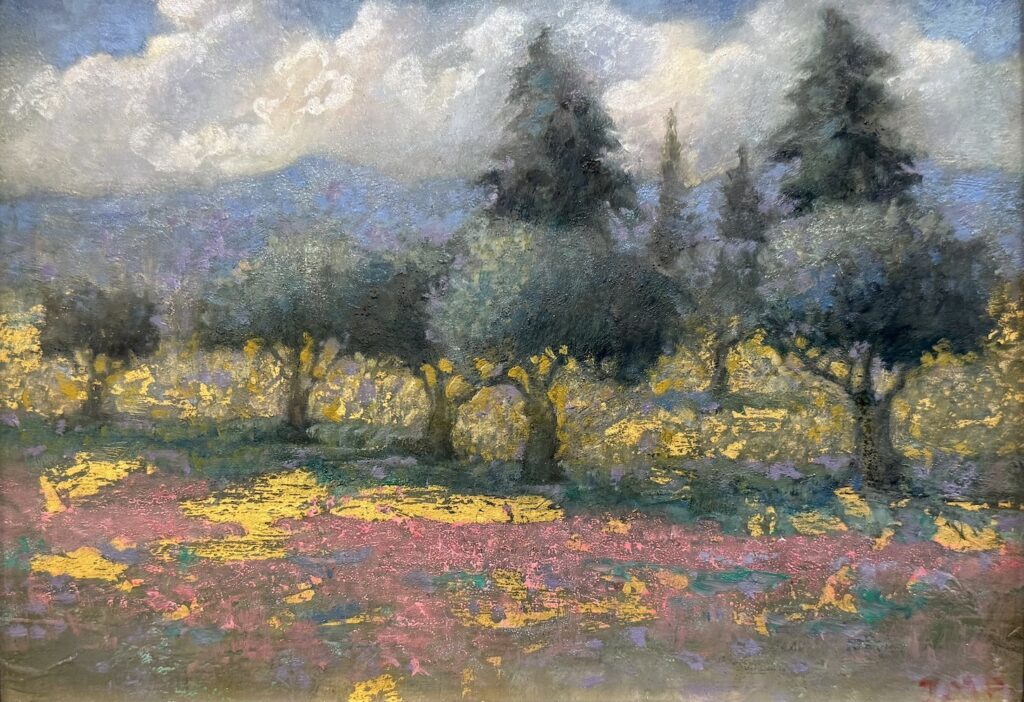 Jane Morris Pack, Wildflowers in the Spring, 2025, Gold leaf, oil, and shellac on masonite panel, 8 x 11 inches