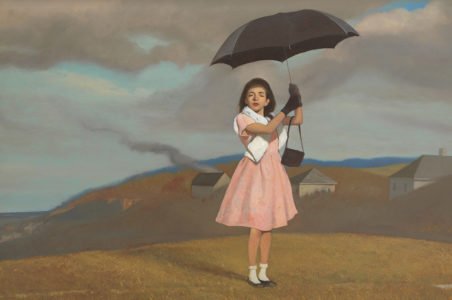 Bo Bartlett, Umbrella Girl (SOLD), 2018, Oil on panel, 23 1/8 x 35 1/8 inches