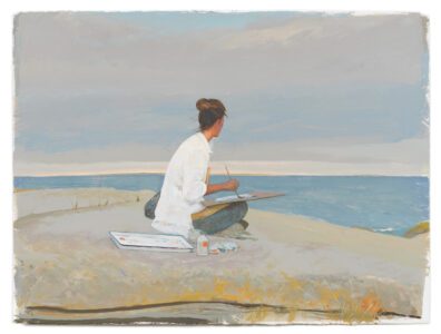 Bo Bartlett, Toward Wooden Ball, Betsy Painting on the Portugal Side (SOLD), 2022, Gouache on paper, 22 ½ x 30 inches
