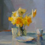Christine Lafuente (b.1968), Daffodils, Berry Carton, and Dish, 2018, Oil on linen, 16 x 16 inches