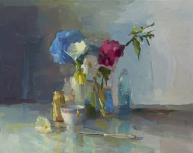 Christine Lafuente, Hydrangea, Daisies, and Knife, 2019, Oil on linen, 22 x 28 inches