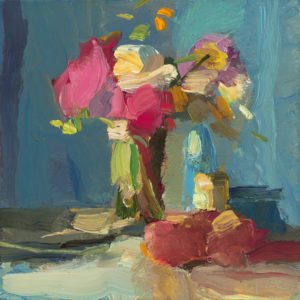 Christine Lafuente, Late Summer Bouquet with Peaches, 2019, Oil on linen, 12 x 12 inches
