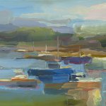 Christine Lafuente, Lobster Boats, Summer Day, 2018, Oil on linen, 11 x 14 inches