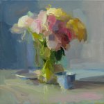 Christine Lafuente (b.1968), Peonies, Plate, and Teacup, 2018, Oil on linen, 12 x 12 inches