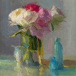 Christine Lafuente (b.1968), Peonies, Ribbon, and Blue Bottles, 2018, Oil on linen, 20 x 16 inches