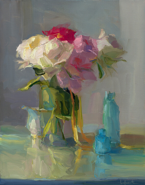 Christine Lafuente (b.1968), Peonies, Ribbon, and Blue Bottles, 2018, Oil on linen, 20 x 16 inches