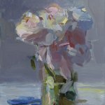 Christine Lafuente, Peonies and Blue Scissors, 2015, oil on mounted linen, 10 x 8 inches