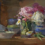 Christine Lafuente, Peonies and Bowls, oil on linen, 12 x 16 inches
