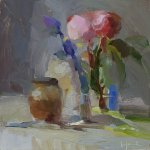 Christine Lafuente, Peonies and Fig Jam, 2015, oil on mounted linen, 8 x 8 inches
