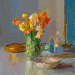 Christine Lafuente (b.1968), Ranunculus and Violin, 2018, Oil on linen, 16 x 16 inches