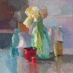 Christine Lafuente, Tulips, Red Cup, and Thread, 2022, Oil on linen, 14 x 14 inches