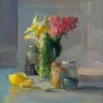 Christine Lafuente (b.1968), Yellow Iris, Tulips, and Jars of Pigments, 2017, Oil on linen, 16 x 16 inches