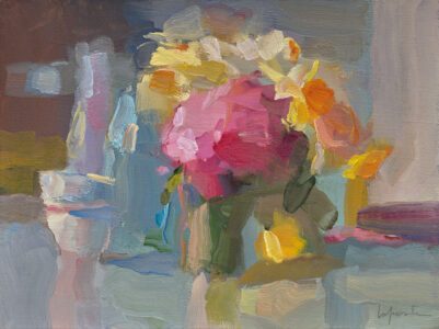 Christine Lafuente, Bottles with Cherry Blossoms and Daffodils, 2022, Oil on linen, 12 x 16 inches