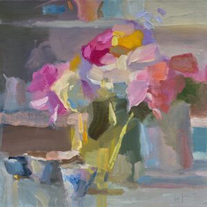 Christine Lafuente, Open Peonies and Cups, 2022, Oil on linen, 14 x 14 inches