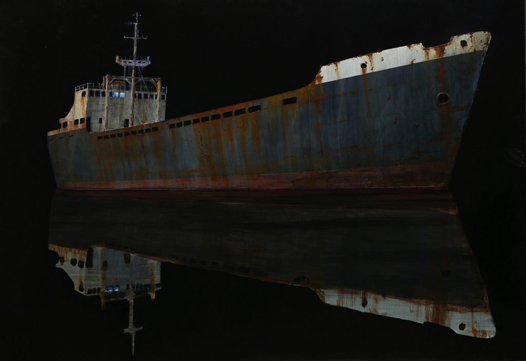 Francis Di Fronzo, Ghost Ship, 2020, Oil over watercolor and gouache on panel, 34 x 49 inches