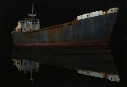 Francis Di Fronzo, Ghost Ship, 2020, Oil over watercolor and gouache on panel, 34 x 49 inches