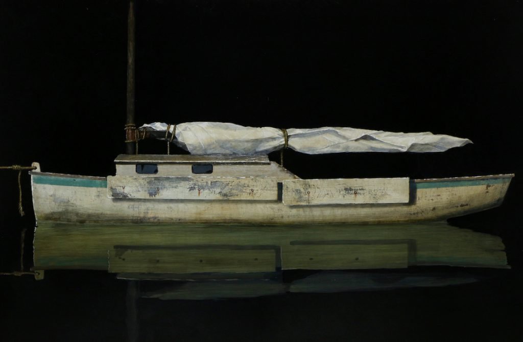 Francis Di Fronzo, Tethered (SOLD), 2021, Oil over watercolor and gouache on panel, 32 x 50 inches