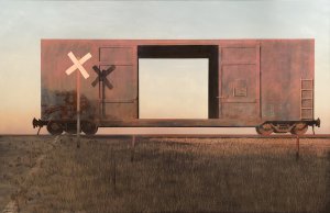 Francis Di Fronzo, The Crossing (part 4), 2017, oil over watercolor and gouache on panel, 32 x 49 inches