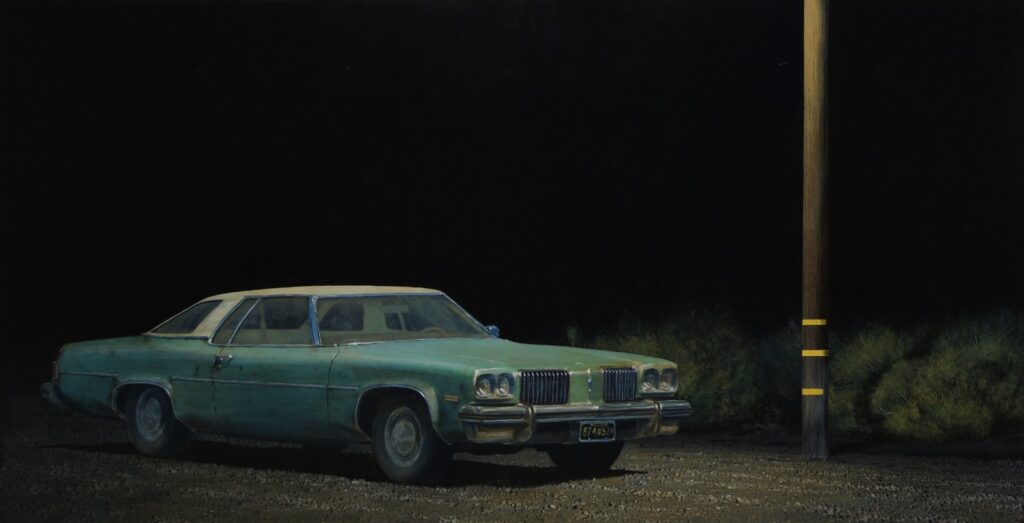 - SOLD - Francis DiFronzo, Zero Hour, Oil over watercolor and gouache on panel, 28 x 52 inches